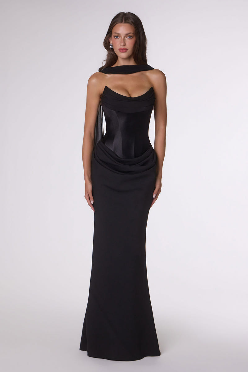 Camdyn Gown - Satin & Crepe Corset Dress With Scarf