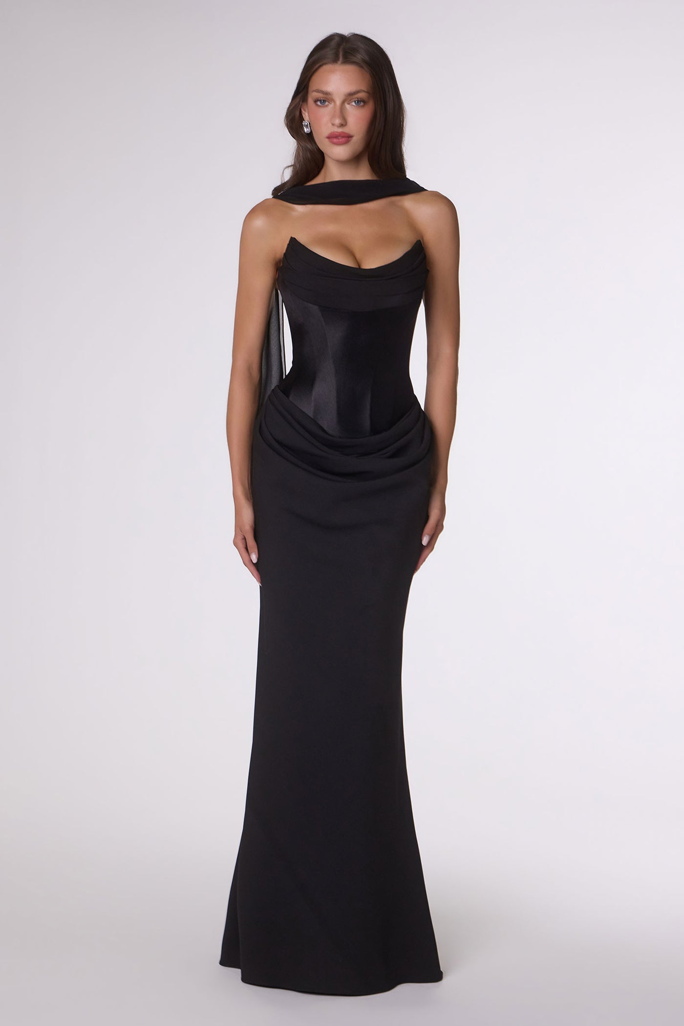 Camdyn Gown - Satin & Crepe Corset Dress With Scarf