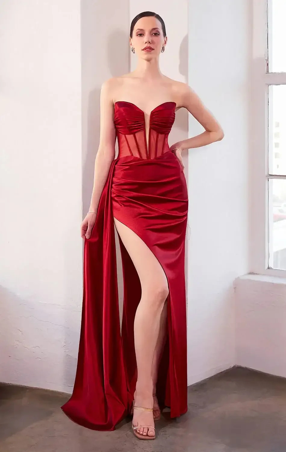 Jamie Gown – Strapless Satin Dress with Sheer Corset Bodice