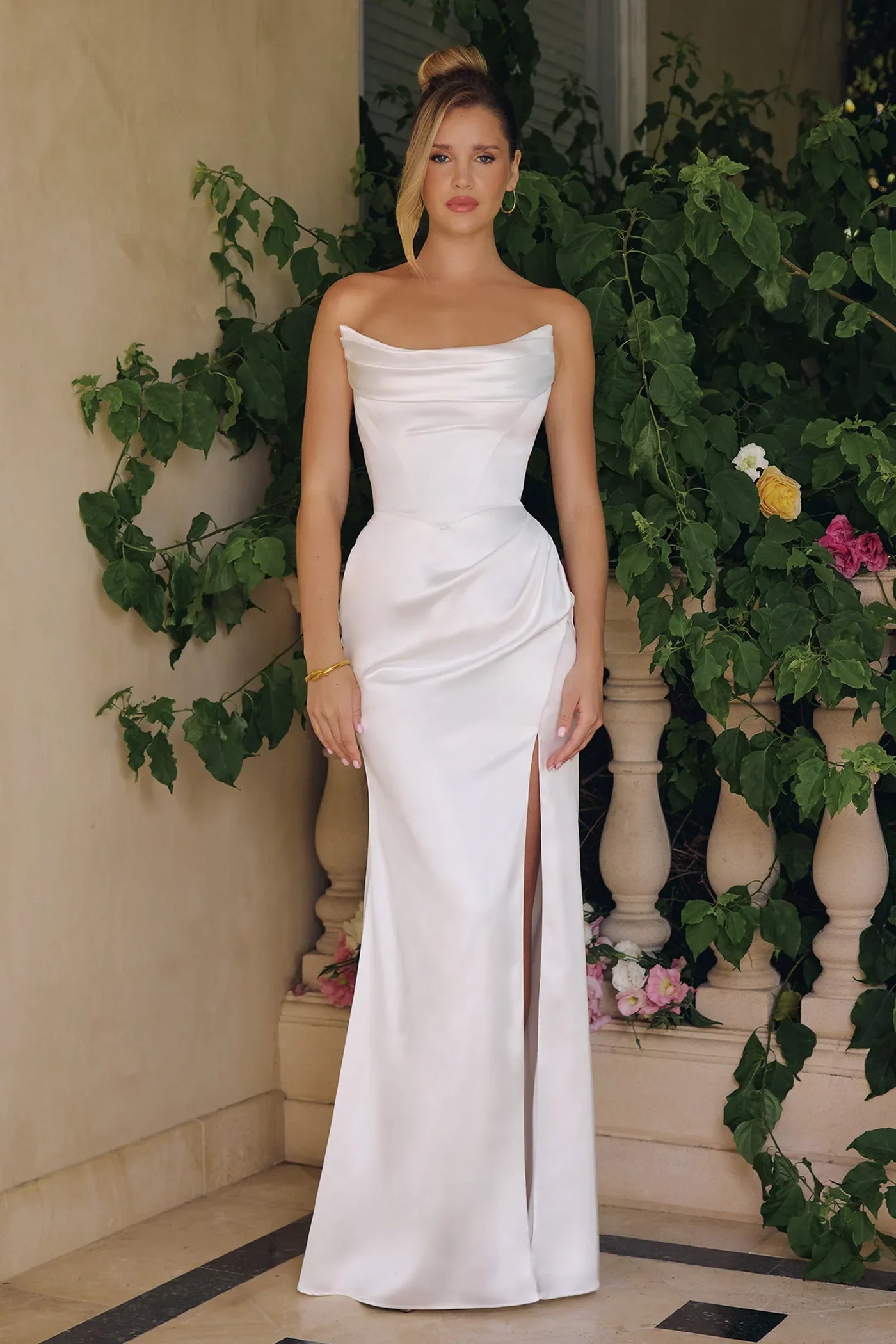Kieran Gown - Off-White Stretch Satin Fitted Dress