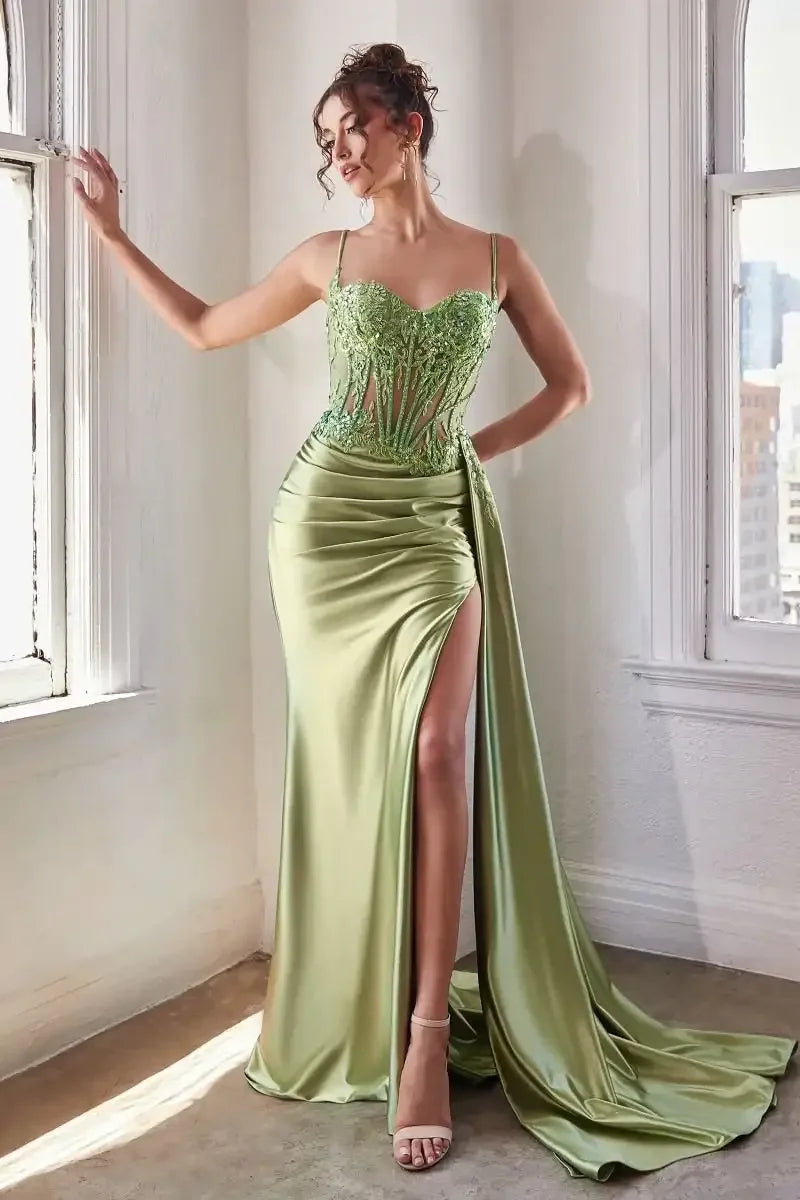 Teagan Gown - Greenery - FITTED SATIN & LACE DRESS