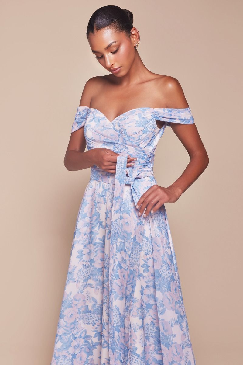 TILDA GOWN - BLUE - OFF THE SHOULDER FLORAL PRINTED A-LINE DRESS | Lady Black Tie TILDA GOWN - BLUE - OFF THE SHOULDER FLORAL PRINTED A-LINE DRESS | Lady Black Tie