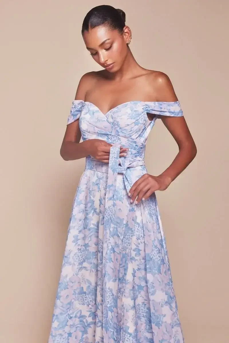 TILDA GOWN - BLUE - OFF THE SHOULDER FLORAL PRINTED A-LINE DRESS