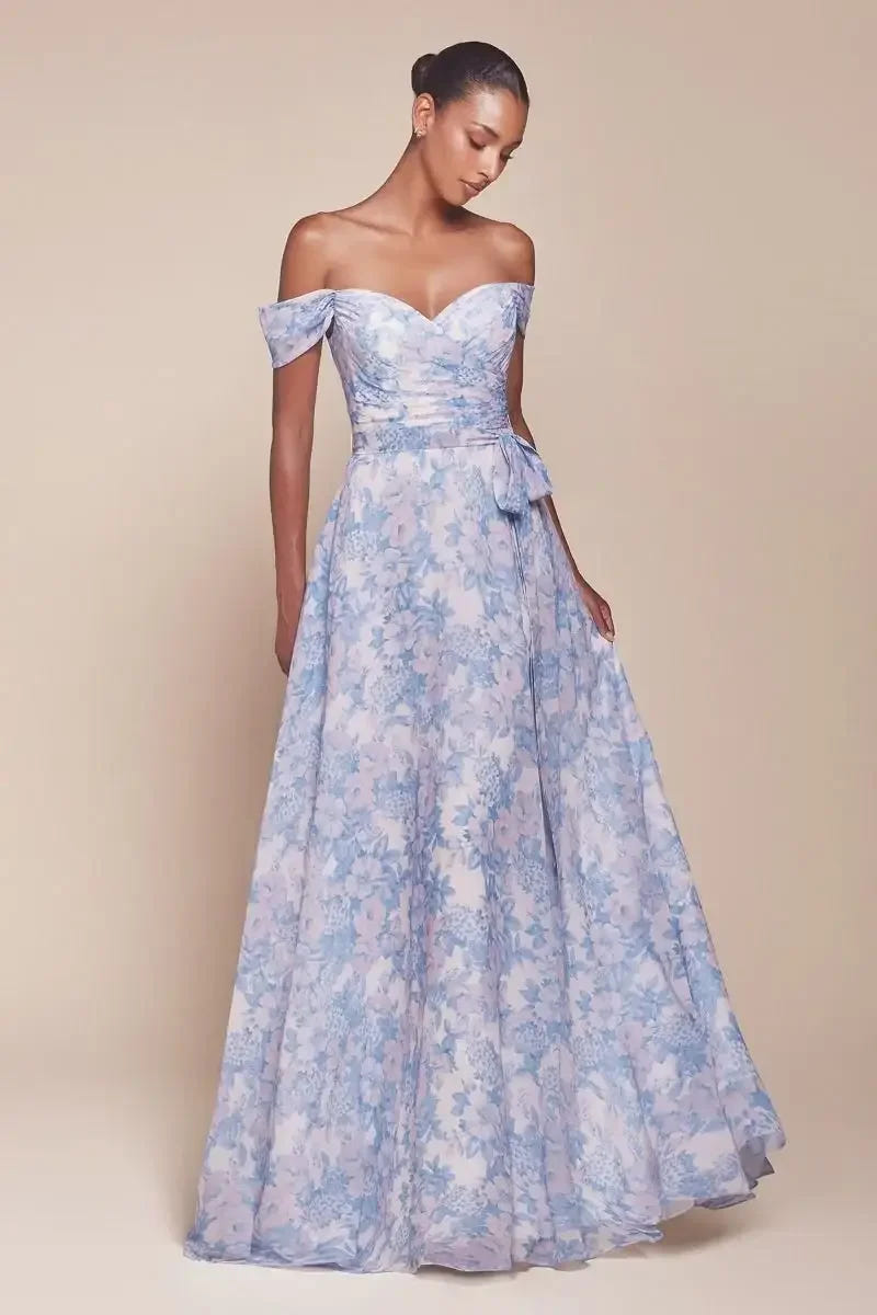 TILDA GOWN - BLUE - OFF THE SHOULDER FLORAL PRINTED A-LINE DRESS