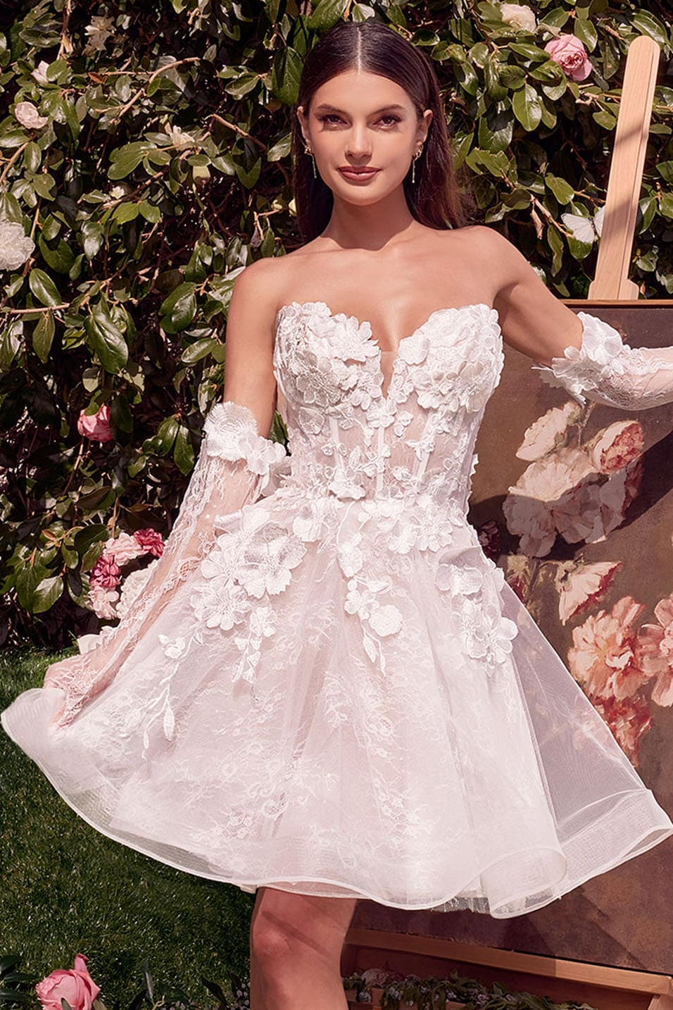 WL020 - Short Floral Appliquéd Bridal Dress - Andrea & Leo