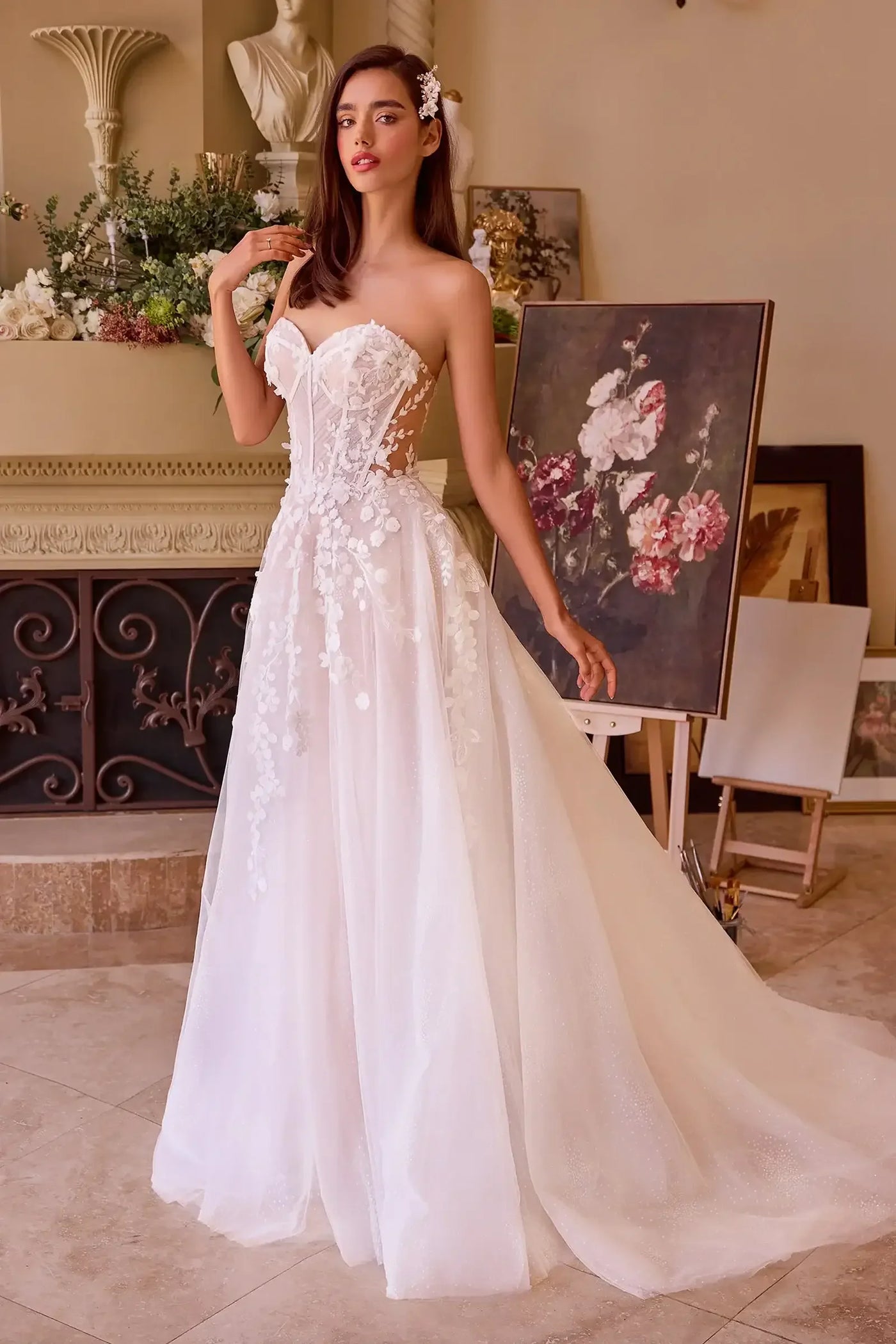 WL032 - Floral Appliqued Strapless Wedding Ball Gown - Andrea & Leo