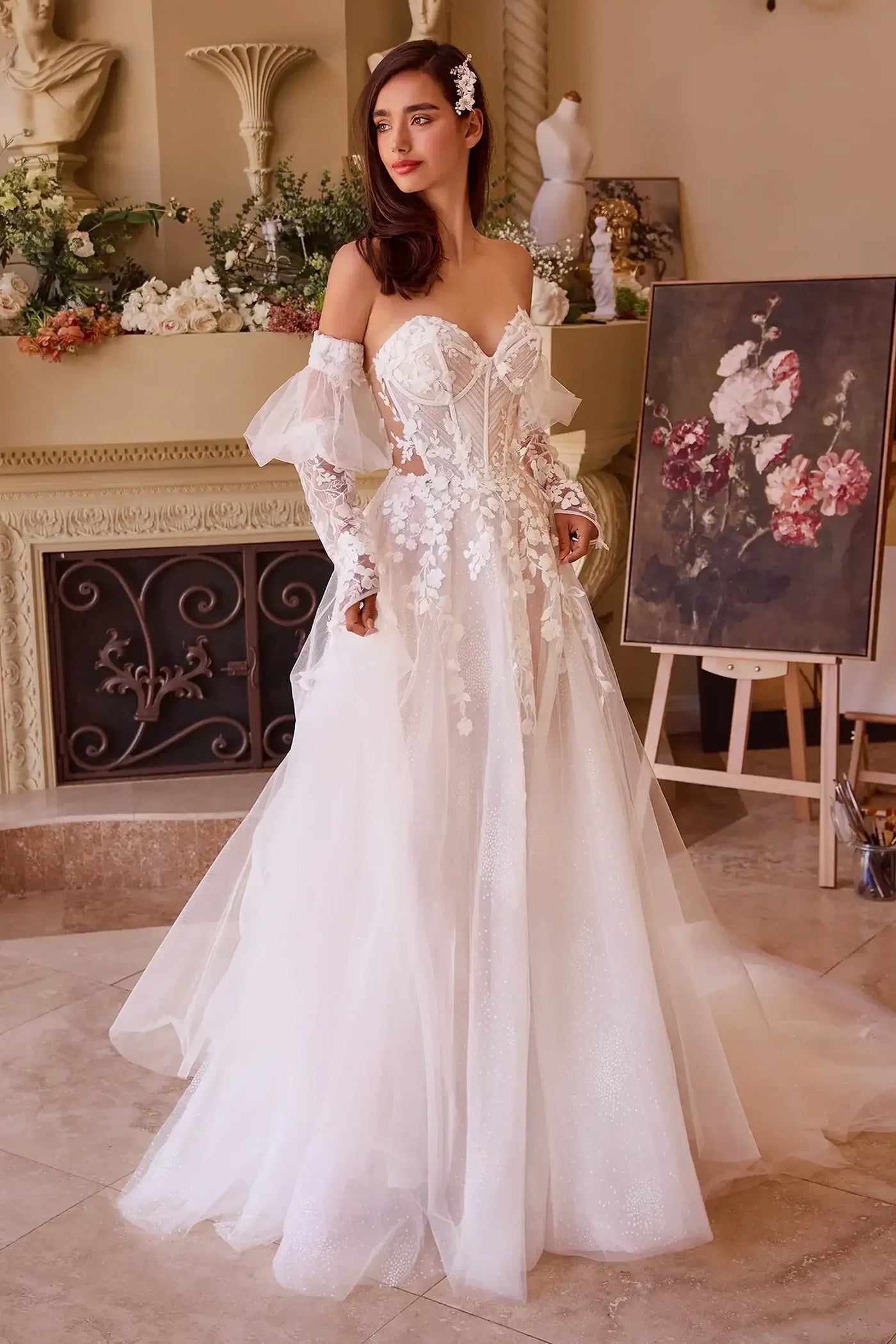 WL032 - Floral Appliqued Strapless Wedding Ball Gown - Andrea & Leo