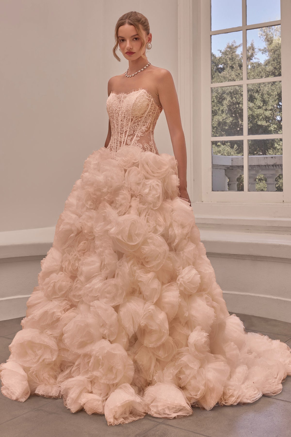 Andrea & Leo WL092 CREAM Ball gown Strapless sweetheart neckline, embroidered lace corset bodice sheer detailing, and lace-up corset back