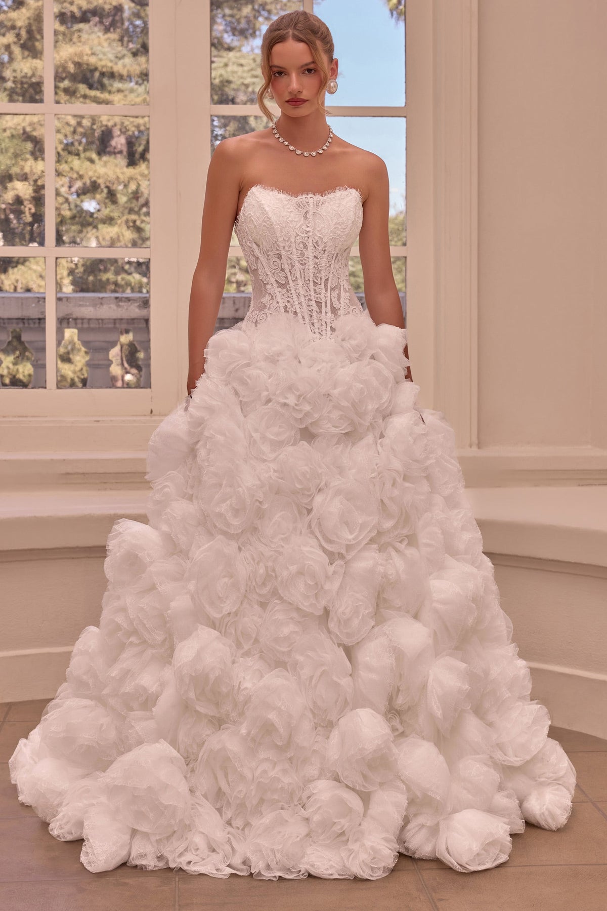 Andrea & Leo WL092 OFF WHITE Ball gown Strapless sweetheart neckline, embroidered lace corset bodice sheer detailing, and lace-up corset back