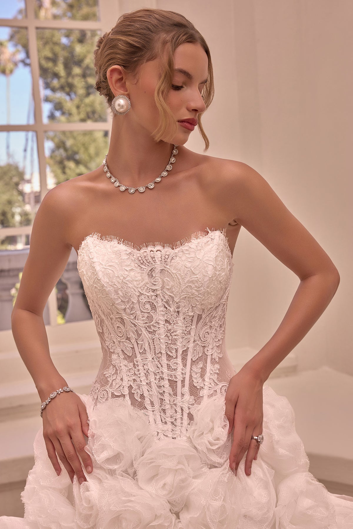 Andrea & Leo WL092 OFF WHITE Ball gown Strapless sweetheart neckline, embroidered lace corset bodice sheer detailing, and lace-up corset back