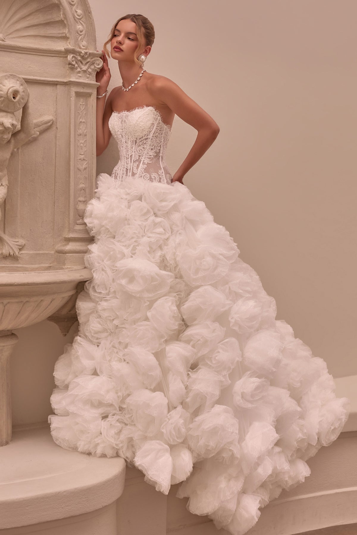 Andrea & Leo WL092 OFF WHITE Ball gown Strapless sweetheart neckline, embroidered lace corset bodice sheer detailing, and lace-up corset back
