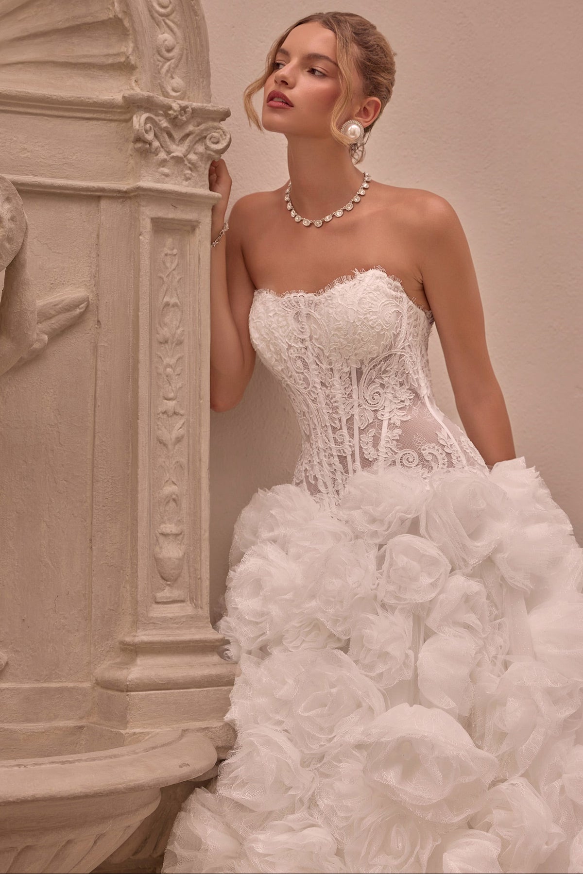 Andrea & Leo WL092 OFF WHITE Ball gown Strapless sweetheart neckline, embroidered lace corset bodice sheer detailing, and lace-up corset back