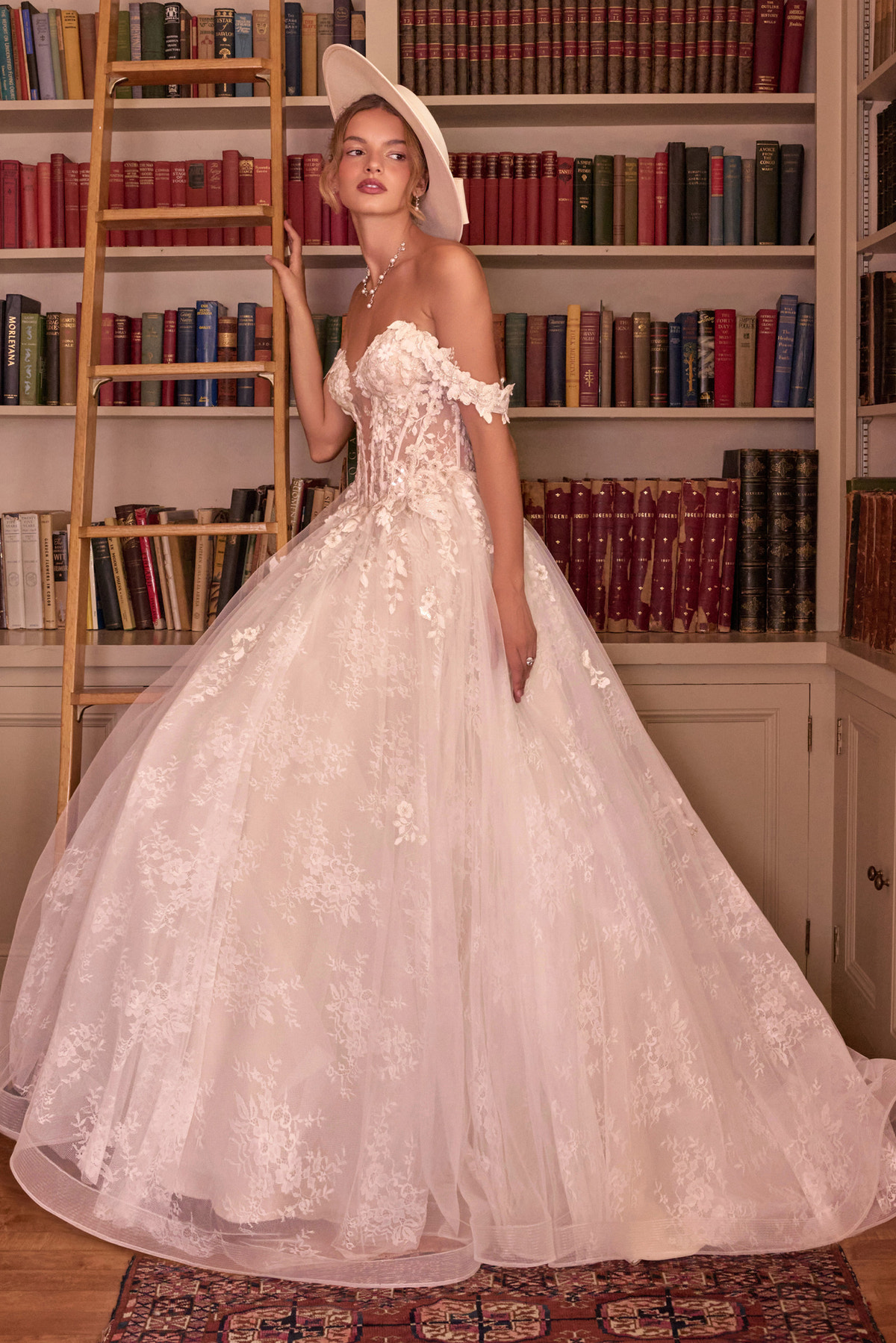 Andrea & Leo WL093 FRENCH WHITE Ball gown Plunging sweetheart neckline with illusion inset, off-the-shoulder floral straps, structured corset bodice, and Concealed zipper back