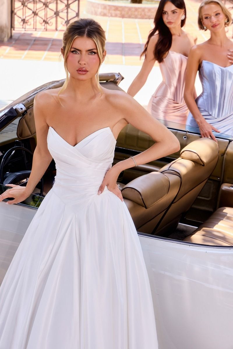 Ladivine WN015 OFF WHITE A-line bridal gown with draped sweetheart neckline, lace-up corset back, and Perfect for wedding ceremonies