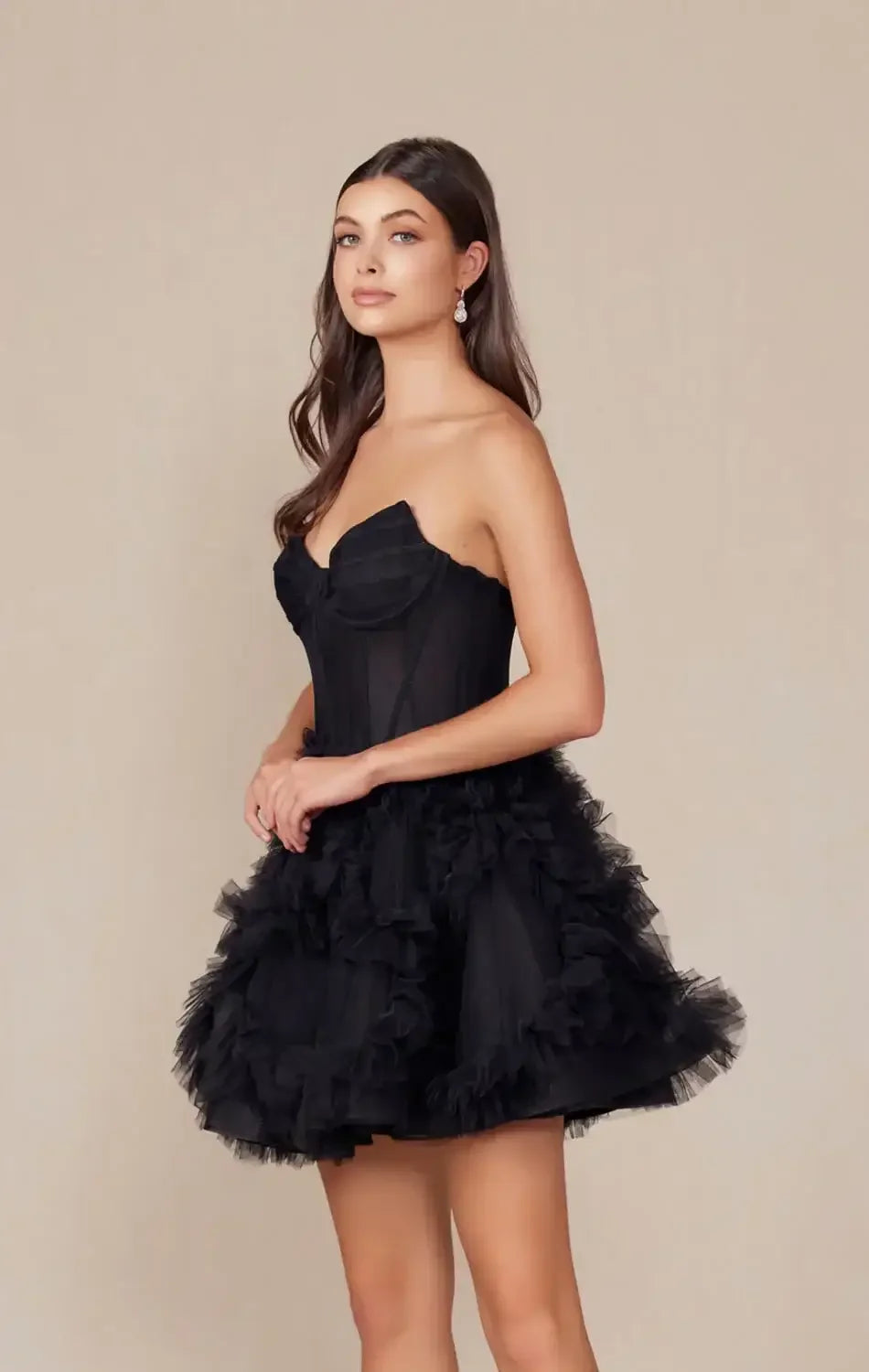YVONNE RUFFLE SKIRT MINI DRESS - BLACK