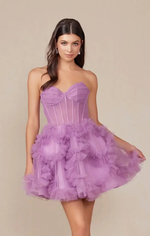 YVONNE RUFFLE SKIRT MINI DRESS - DUSTY LAVENDER