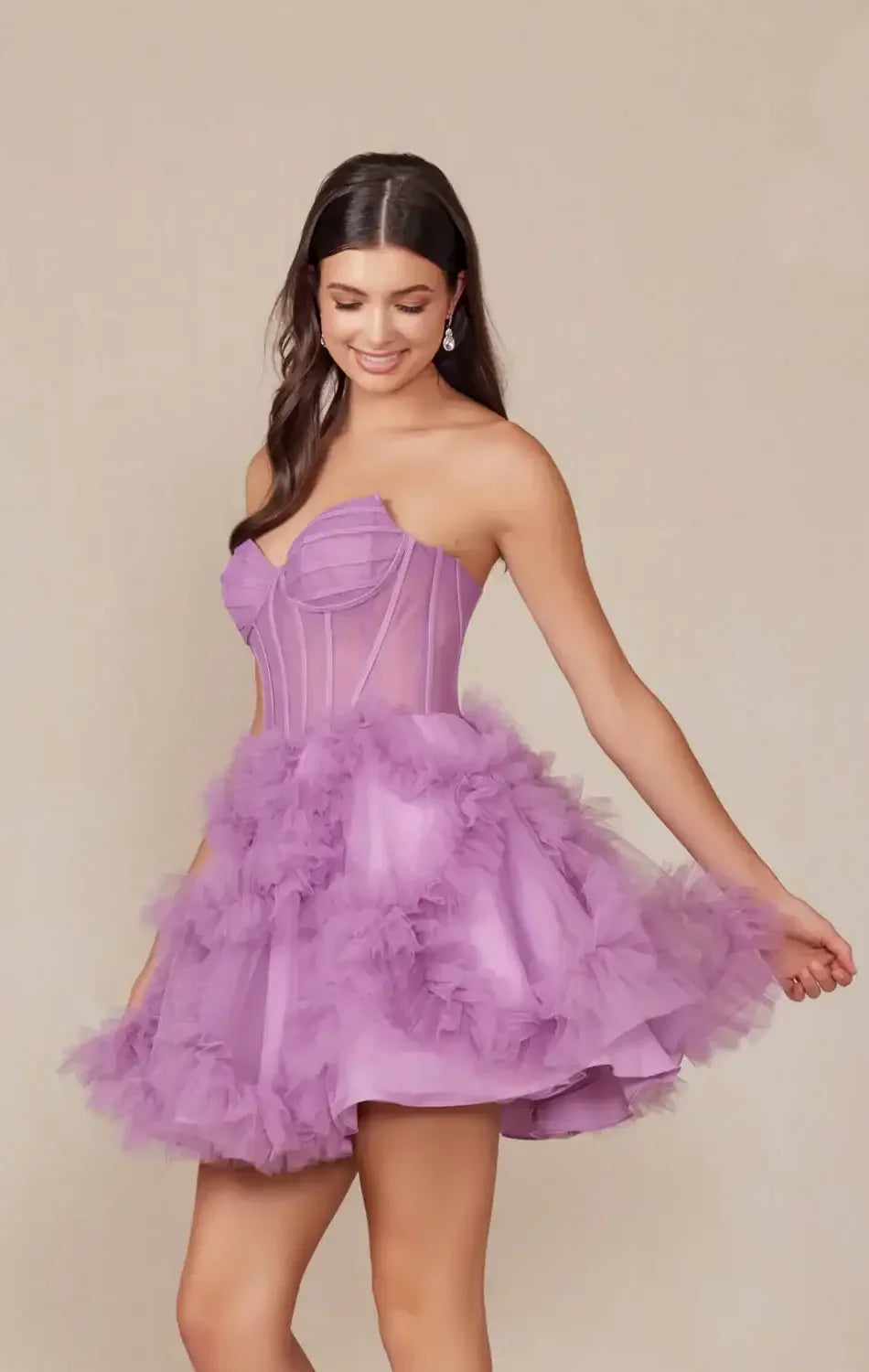 YVONNE RUFFLE SKIRT MINI DRESS - DUSTY LAVENDER