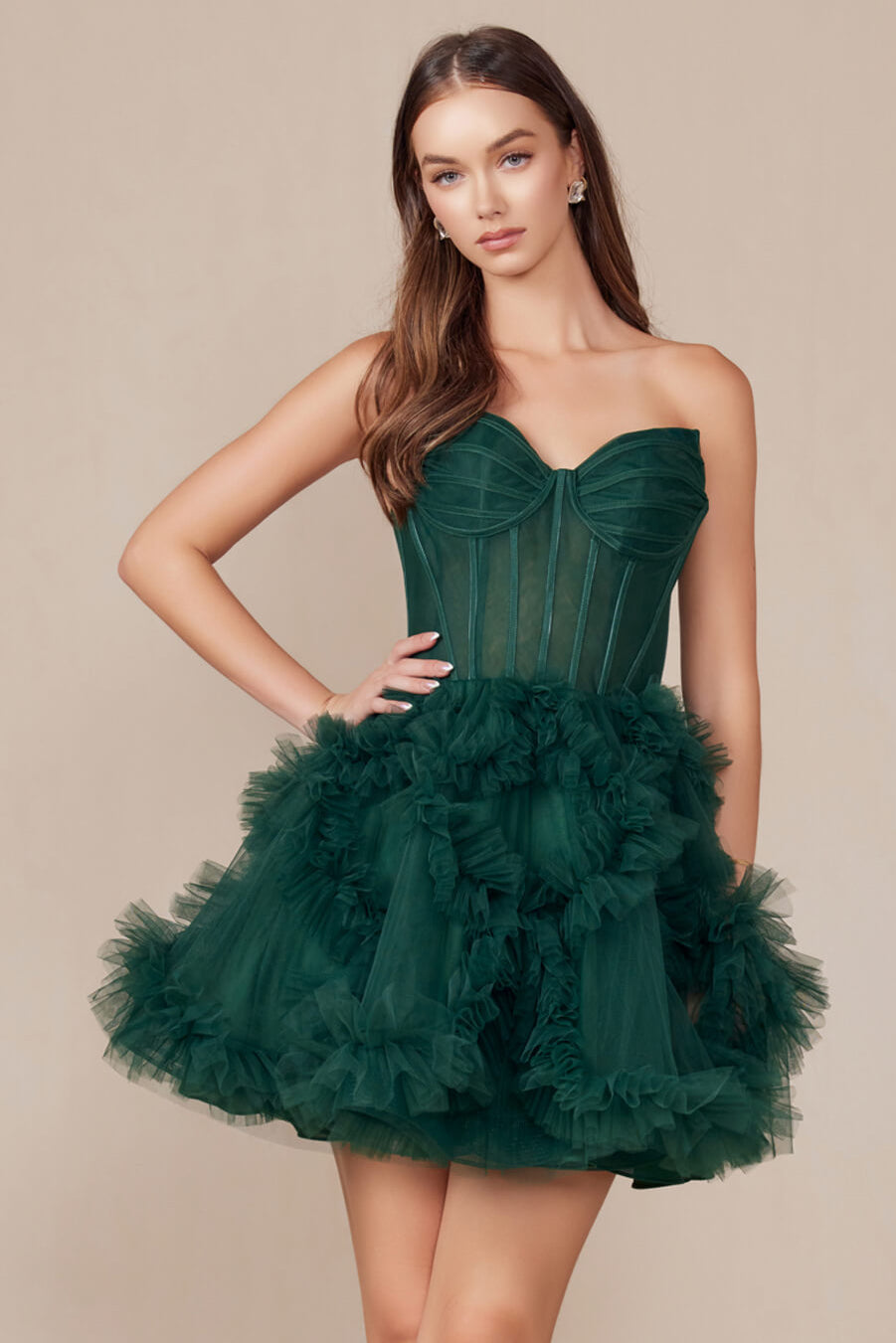 YVONNE RUFFLE SKIRT MINI DRESS - EMERALD