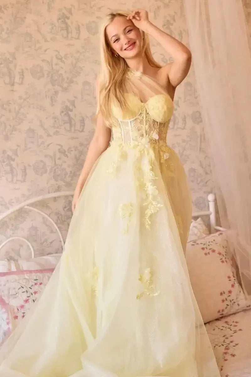 A1053 - Leila One Shoulder A-Line Tulle Gown with Floral Appliqué - Yellow - Andrea & Leo