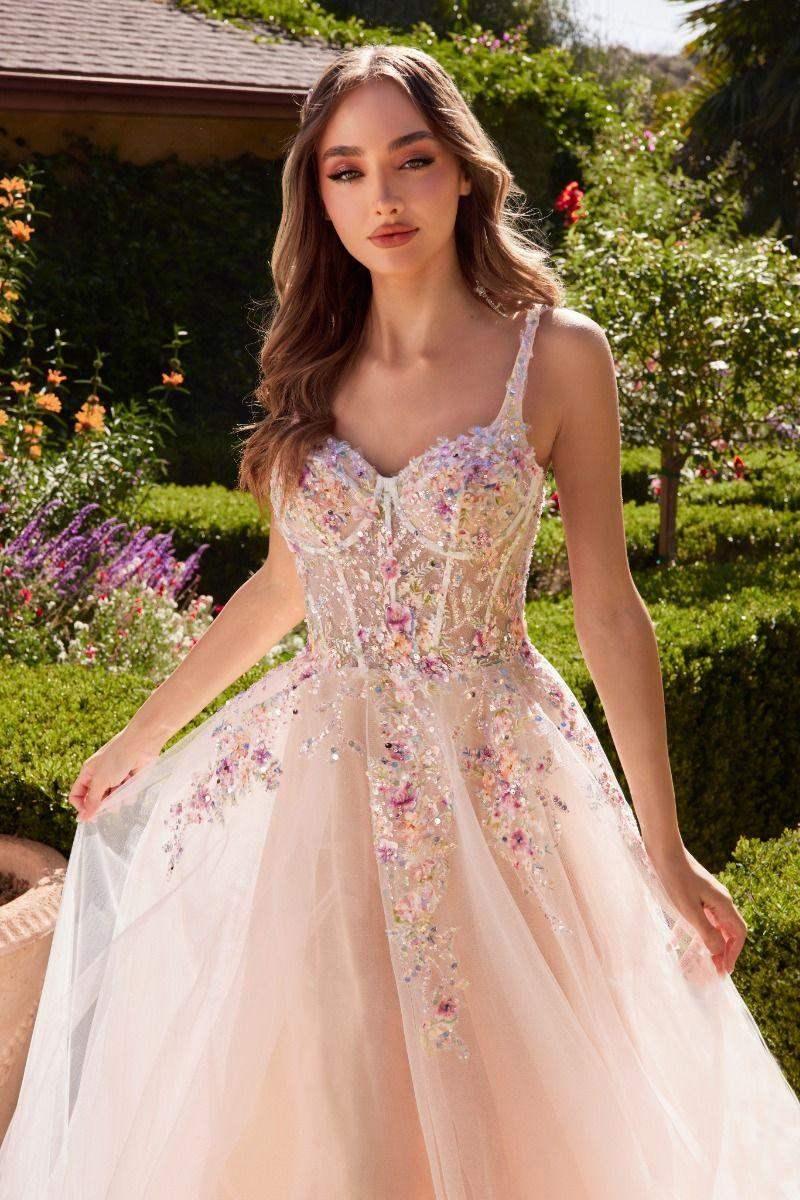 A1288 - A-LINE DRESS WITH MULTI COLORED FLORAL EMBELLISHMENT - ANDREA & LEO