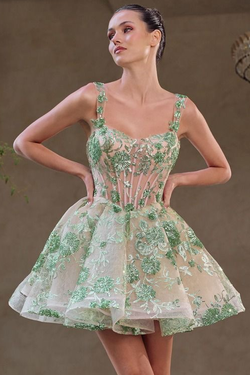 A1347 SHORT SEQUIN FLORAL PRINT A-LINE DRESS - Andrea & Leo