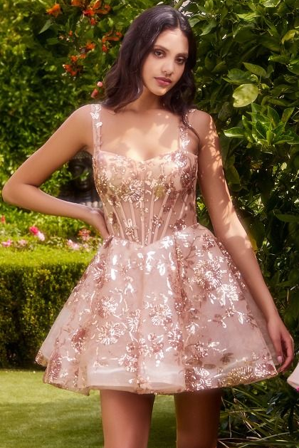 A1347 - SHORT SEQUIN FLORAL PRINT A-LINE DRESS - Andrea & Leo