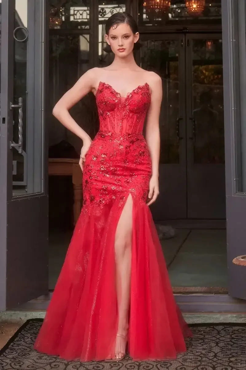 A1388 SEQUIN FLORAL MERMAID GOWN - Red - Andrea & Leo