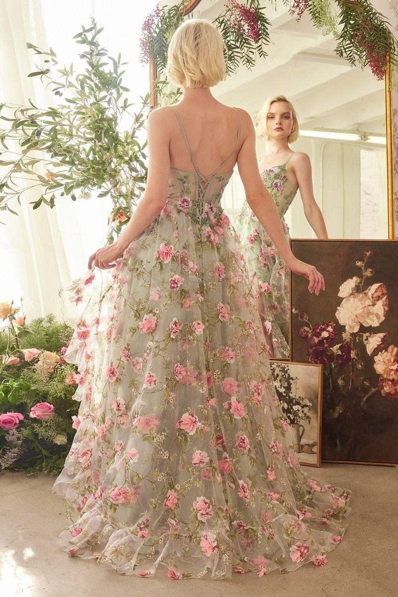 A1420 - SAGE FLORAL PRINT CORSET A-LINE DRESS - Andrea & Leo