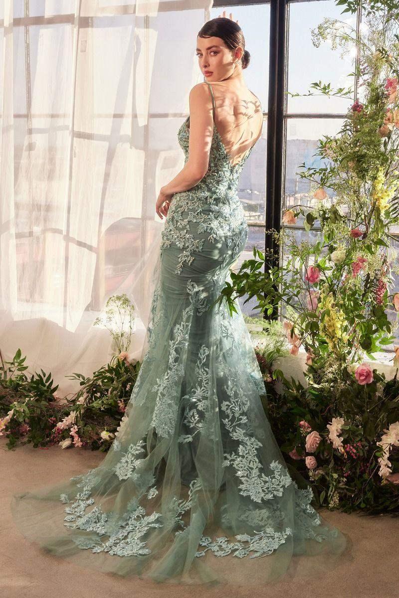 A1421 - FOLIAGE BEADED LACE MERMAID GOWN - Andrea & Leo
