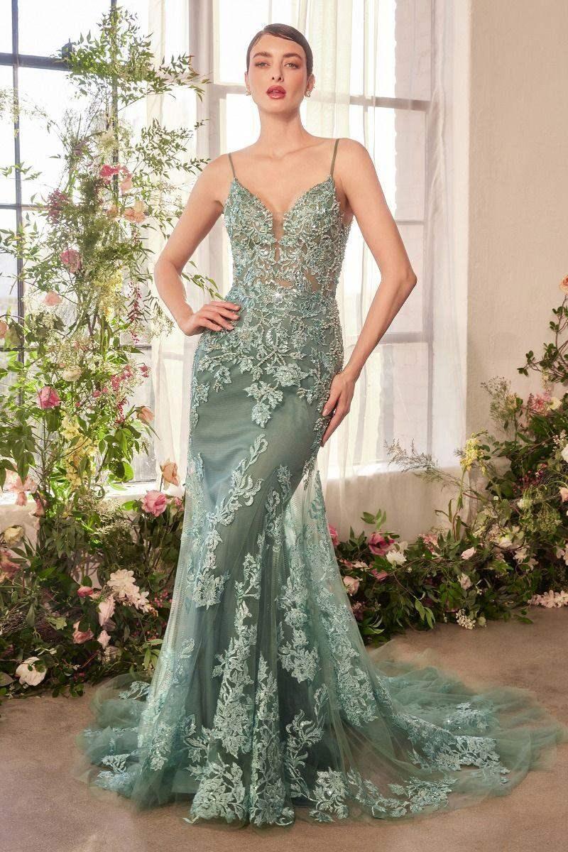 A1421 - FOLIAGE BEADED LACE MERMAID GOWN - Andrea & Leo