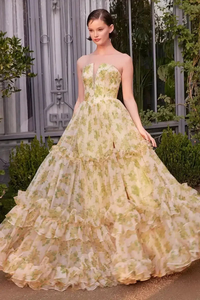 A1430 - STRAPLESS FLORAL PRINTED BALL GOWN - Andrea & Leo