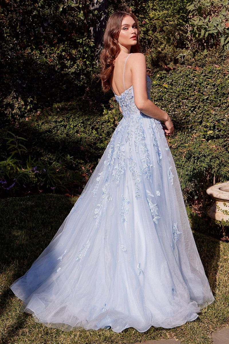 A1437 - LIGHT BLUE LEAF MOTIF APPLIQUED A-LINE DRESS - Andrea & Leo Couture | Lady Black Tie A1437 - LIGHT BLUE LEAF MOTIF APPLIQUED A-LINE DRESS - Andrea & Leo Couture | Lady Black Tie