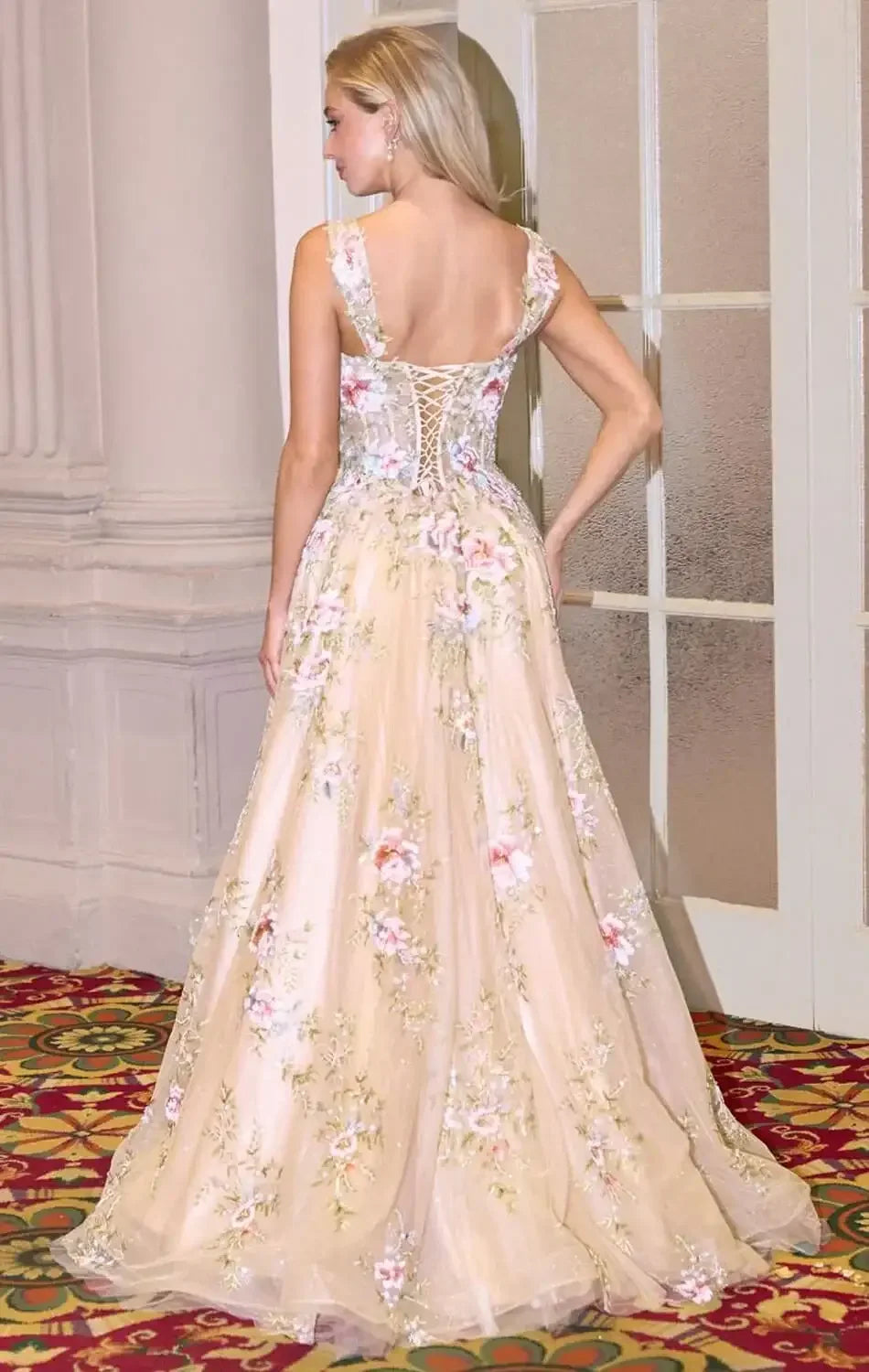 FLORAL GOWN WITH SQUARE NECKLINE