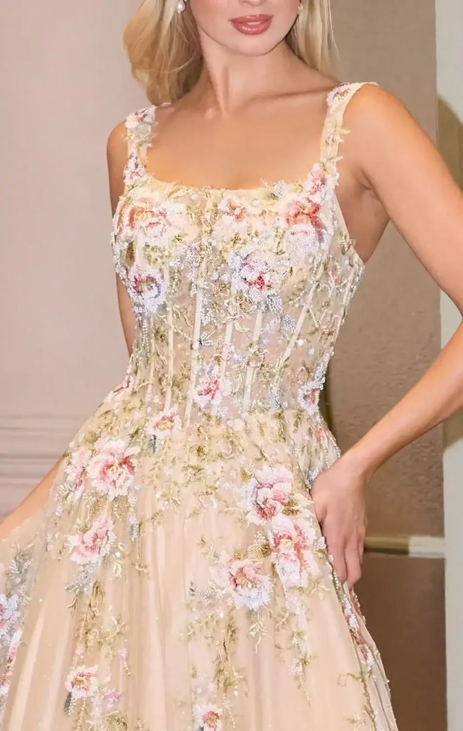 FLORAL GOWN WITH SQUARE NECKLINE