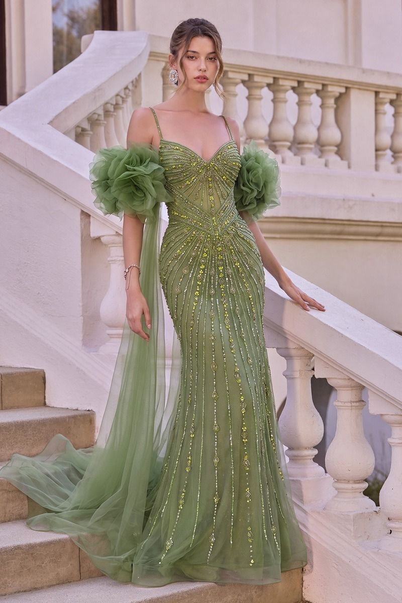 A1515 - FITTED BEADED GOWN WITH RUFFLE TULLE CAPE - Andrea & Leo