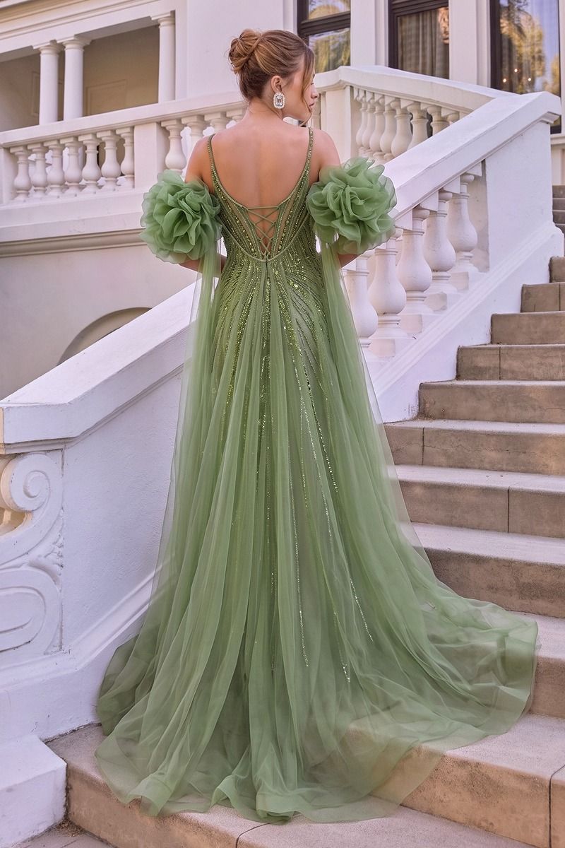A1515 - FITTED BEADED GOWN WITH RUFFLE TULLE CAPE - Andrea & Leo
