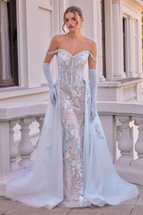 Andrea & Leo A1518 BLUE Fitted gown with flowing overskirt, Off-the-shoulder sweetheart neckline with beaded trim, and lace-up corset back