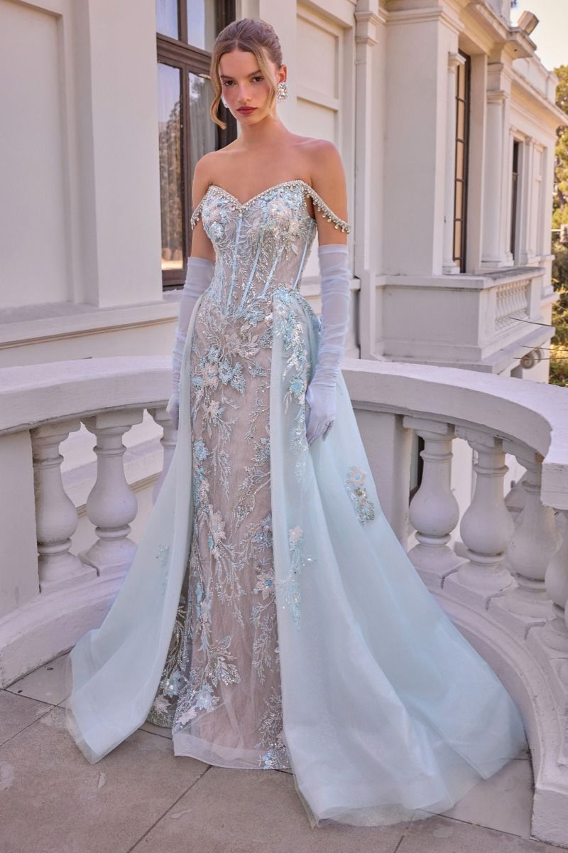 Andrea & Leo A1518 BLUE Fitted gown with flowing overskirt, Off-the-shoulder sweetheart neckline with beaded trim, and lace-up corset back