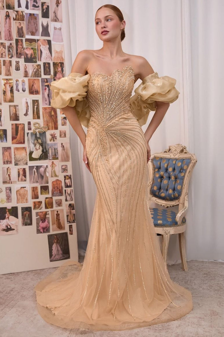 Andrea & Leo A1519 GOLD strapless beaded gown with organza ruffle shawl, fitted mermaid gown, and lace-up corset back