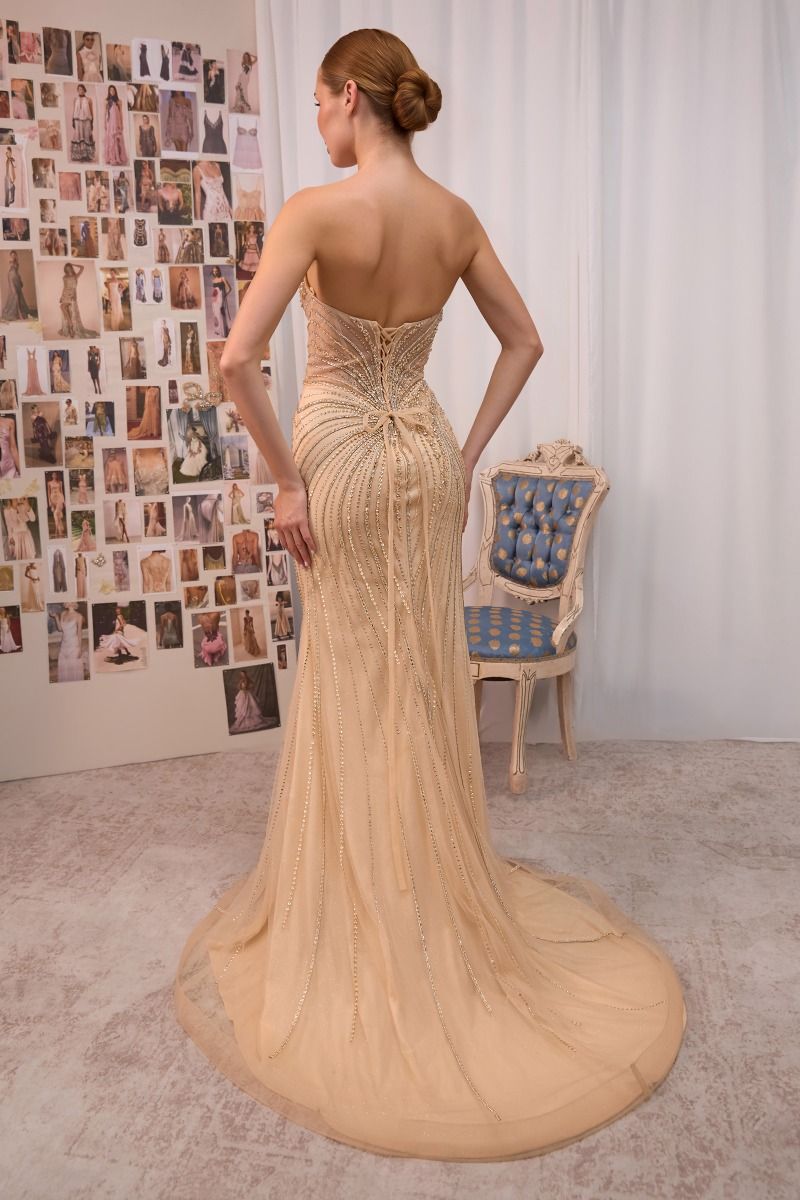 Andrea & Leo A1519 GOLD strapless beaded gown, fitted mermaid gown, and lace-up corset back