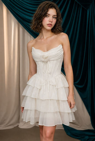 A1521 - Rosette Chiffon A-line Mini Dress - Andrea & Leo