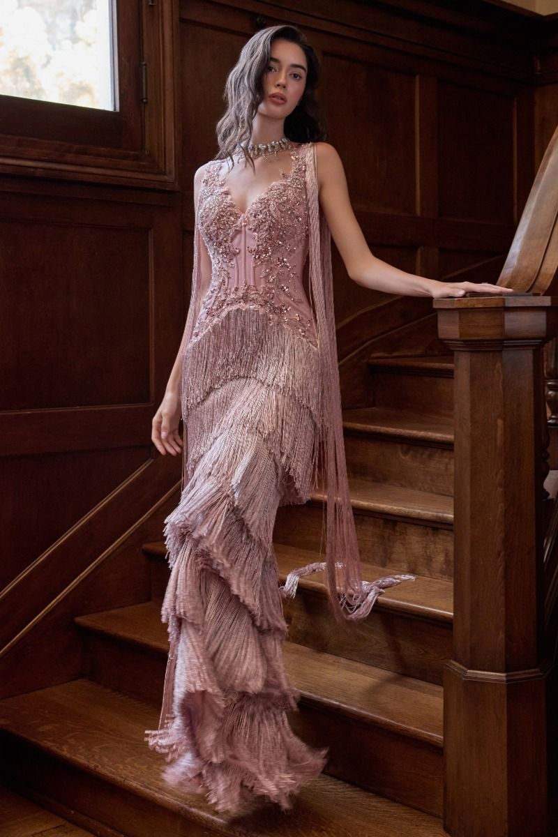Andrea & Leo A1529 DUSTY ROSE Fitted column gown, Plunging V-neckline, embellished corset bodice, dramatic shoulder fringe, and Floor-length fitted skirt with cascading