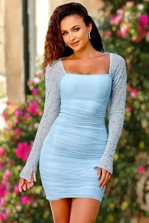 Athena Pearl Sleeve Mini Dress - Light Blue