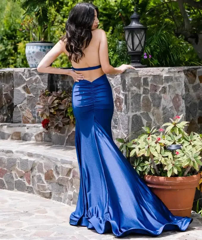 A woman in a sleek, backless blue gown stands on stone steps beside vibrant green plants and a lantern. Sunlight illuminates the scene, enhancing the gown's elegant drape.