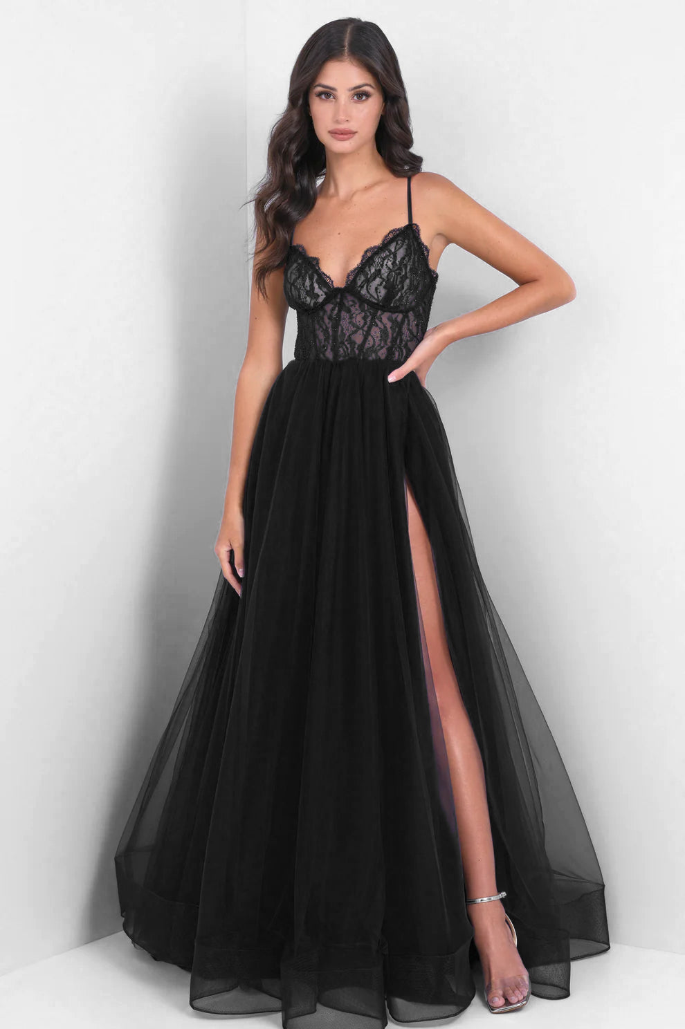 long lace formal black evening dress product info and reviews Velvi - Dani Gown - - & Tulle A-line Size:RENT SIZE 7-8 NAVY $200 Short Dress With Flat Zipper Back type-shirt