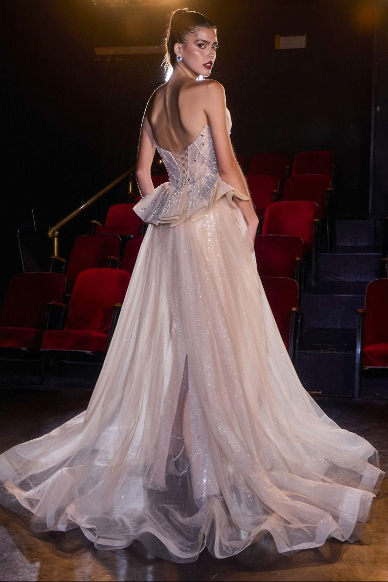 Ladivine CB175 Zuri Gown in Silver-Nude, back view | Lady Black Tie