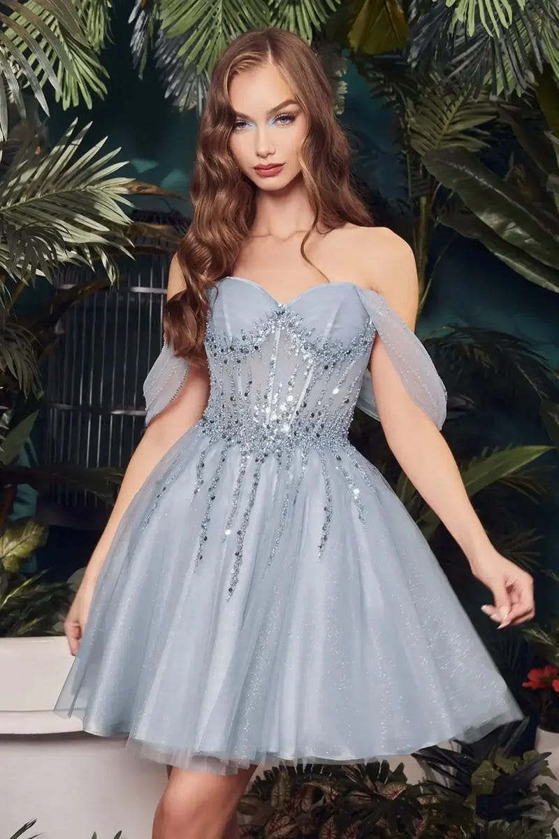 OLIVIA MINI DRESS - OFF THE SHOULDER EMBELLISHED A-LINE SHORT DRESS