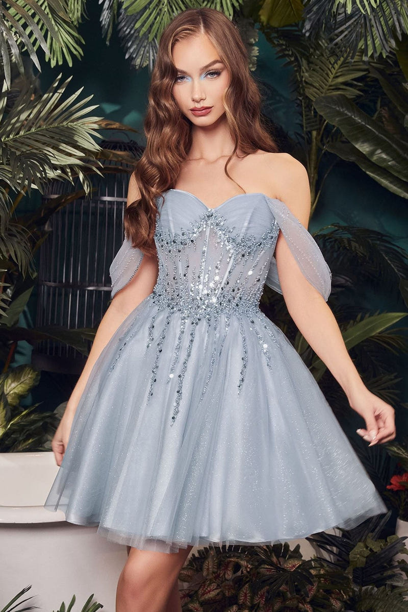 OLIVIA MINI DRESS - OFF THE SHOULDER EMBELLISHED A-LINE SHORT DRESS