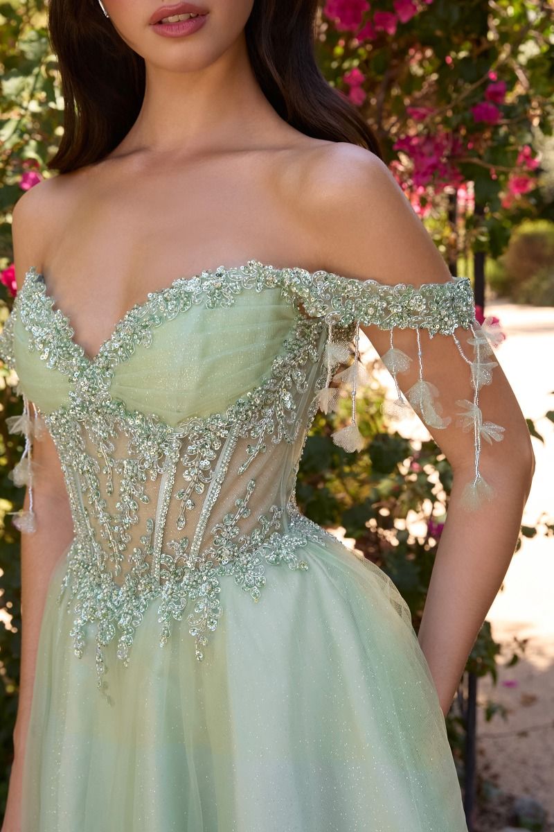 Ladivine CD0247 Birdie Mini Dress in Sage, close-up view | Lady Black Tie