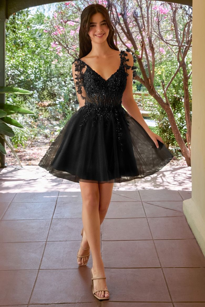 Ladivine CD0249 Clover Mini Dress in Black, front view | Lady Black Tie